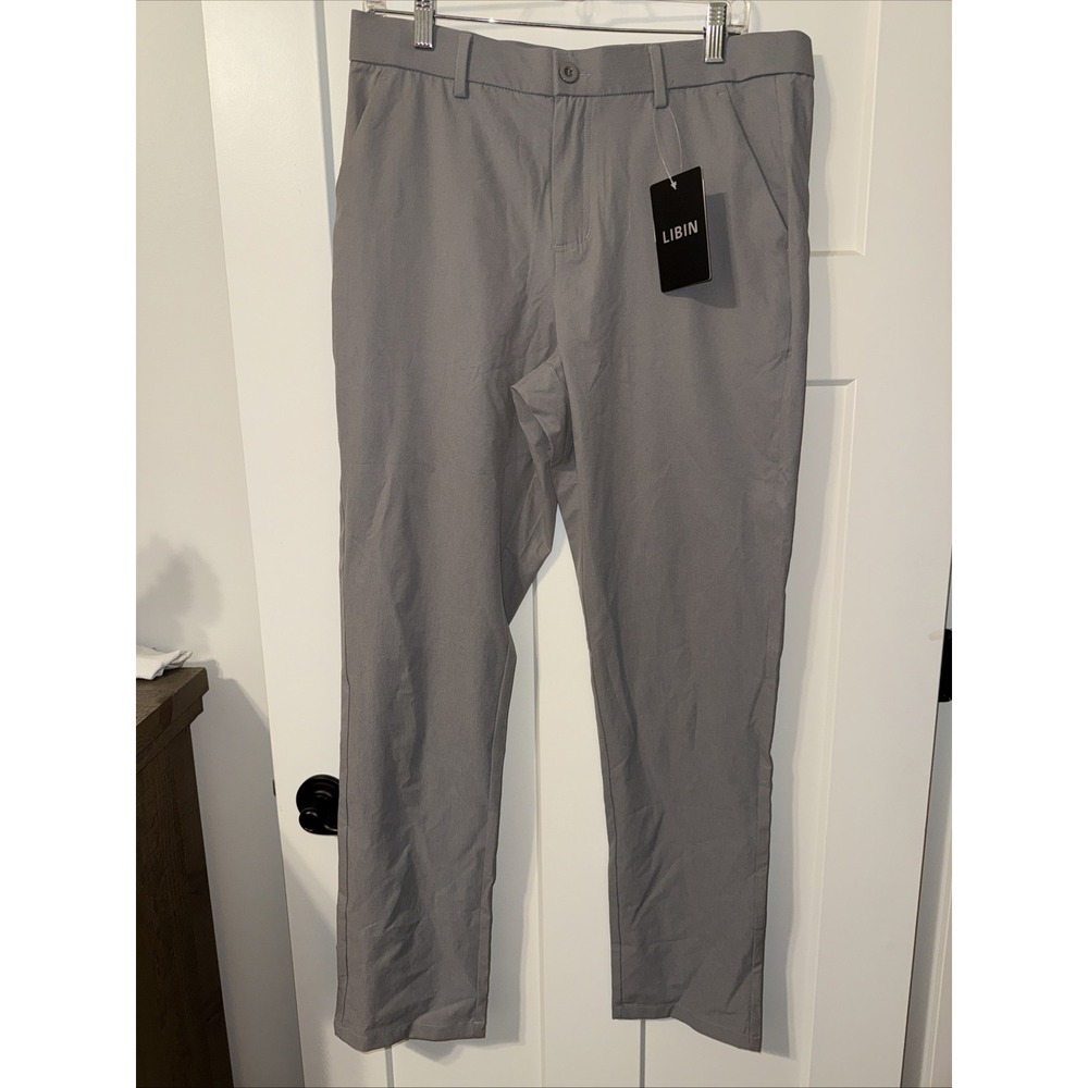 Libin Pants Mens 32Wx32L  4 Pocket Tech Waterproof UPF 50 Chino Flat Front Gray